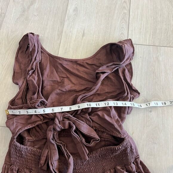 Free People brown pinafore Ruffle Sleeve Mini Linen Colette Dress size M - Picture 4 of 7